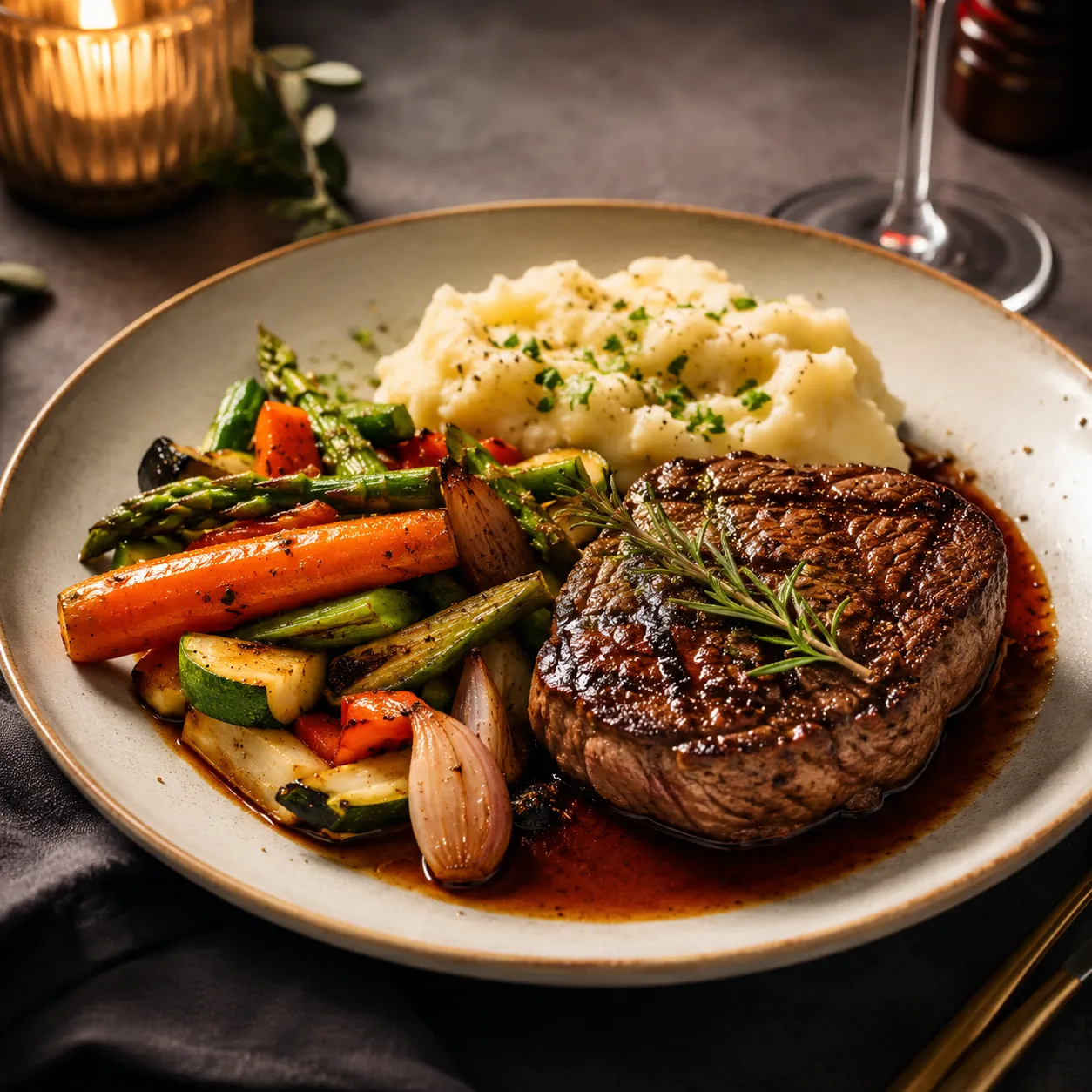 Steak grillé avec purée maison et légumes rôtis servi au restaurant ESENGO à Brazzaville